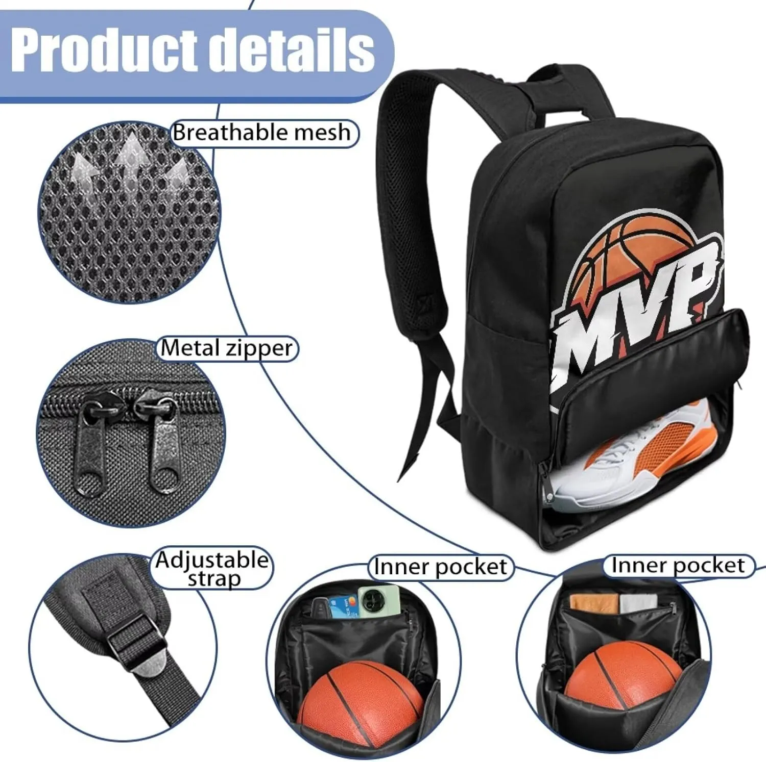 18.5in Basketball Backpack Basketball Bag with Shoe Compartment & Ball Holder, Waterproof Bag for Soccer Volleyball