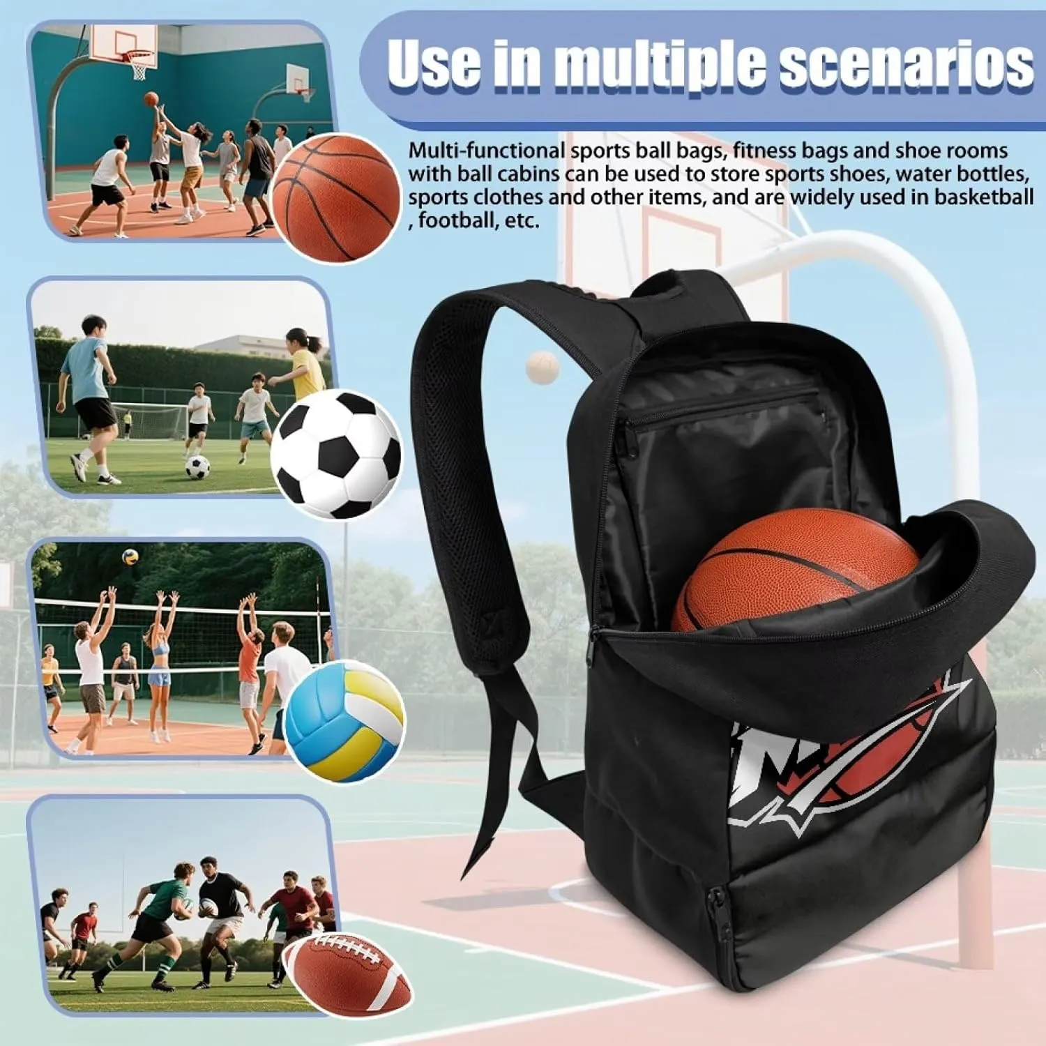 18.5in Basketball Backpack Basketball Bag with Shoe Compartment & Ball Holder, Waterproof Bag for Soccer Volleyball