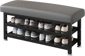 2 Tier Shoe Rack Bench, 39.4"x12.2"x19.3" Ottoman Bench with Shoes Rack, Entryway Shoe Organizer Shelf for Entryway, Living Room, Bedroom, Bathroom, Gray