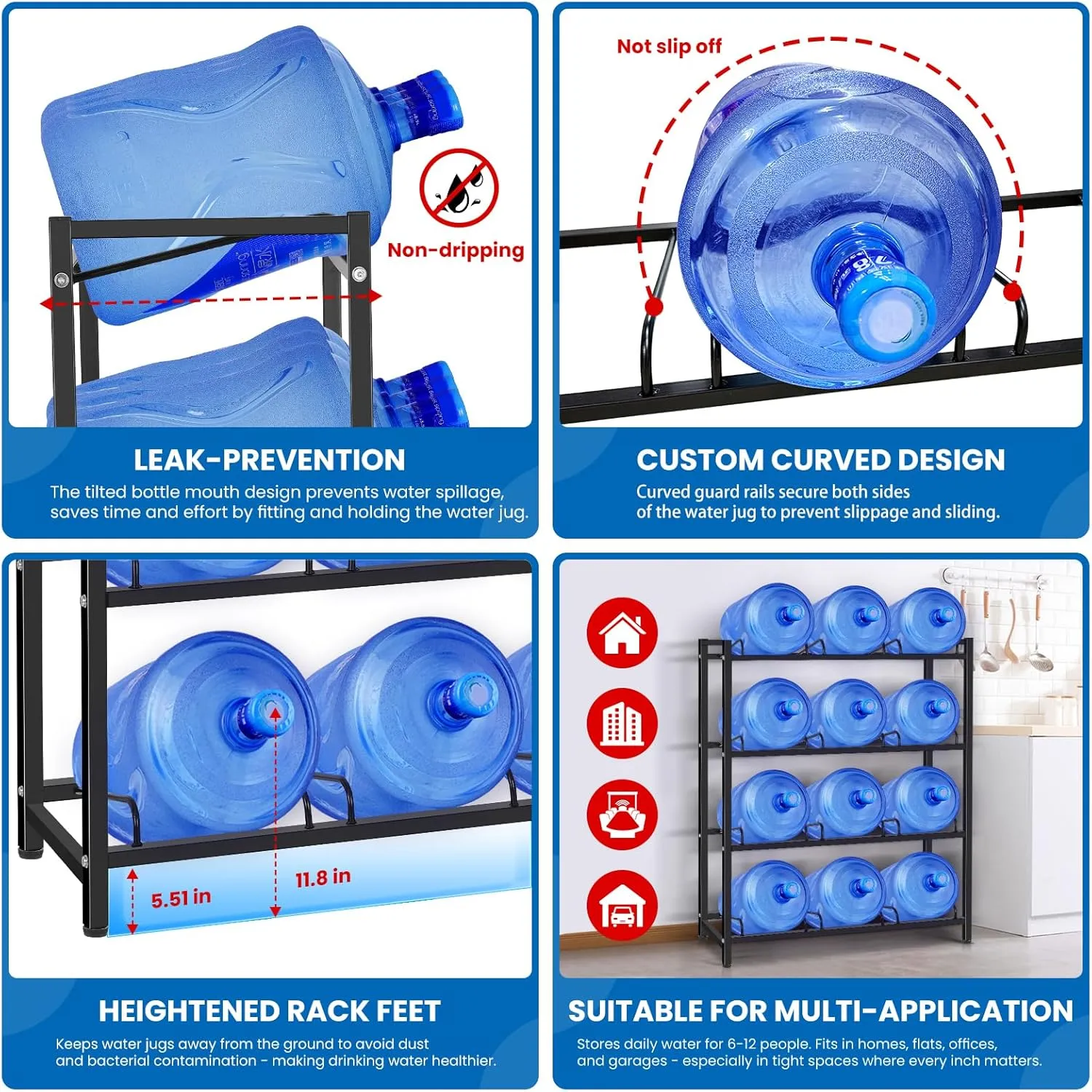 5 Gallon Water Jug Holder for 12 Bottles Without Wobbling, New Upgraded Heavy Duty 4 Tier Thicken Water Bottle Storage Rack for Home, Office, Kitchen, Warehouse, Garages Black