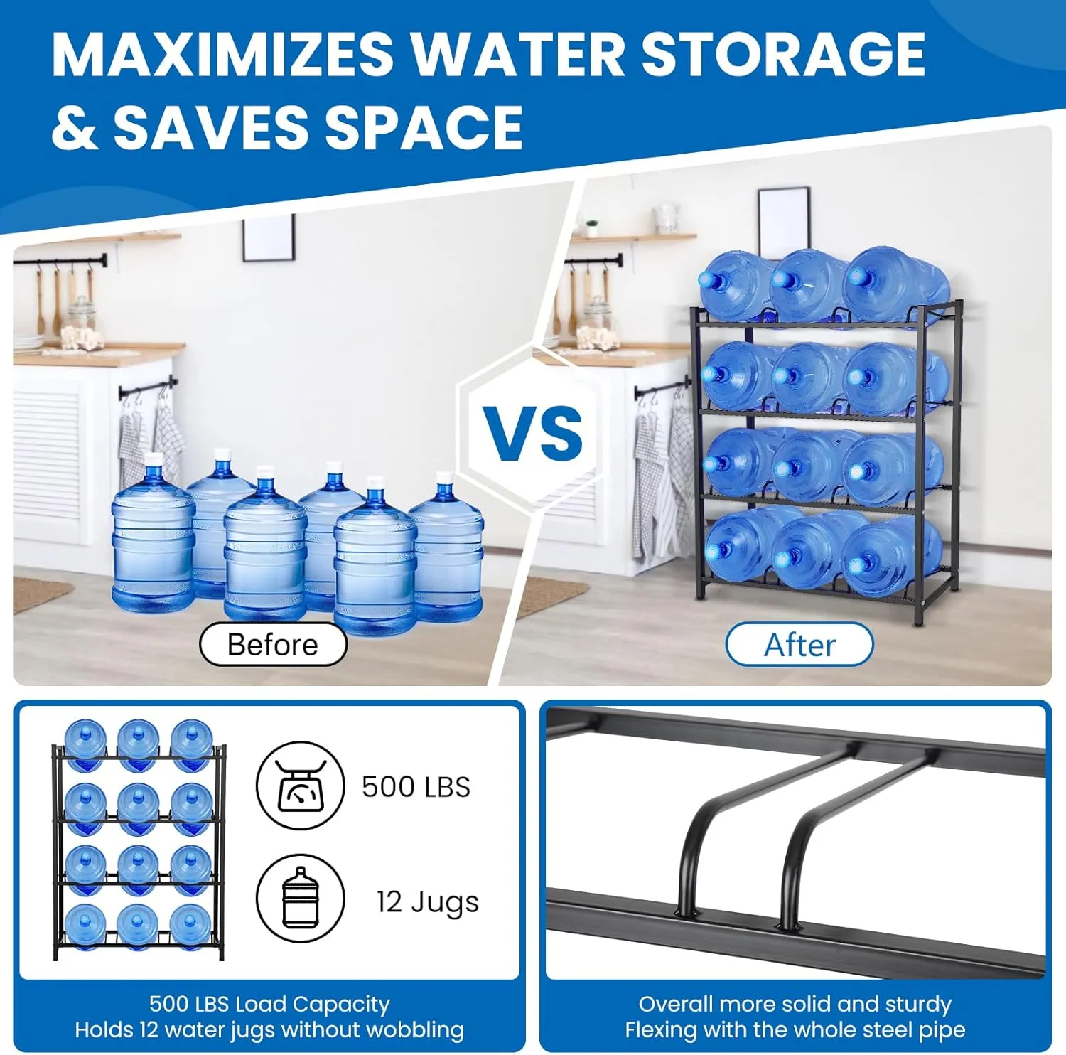 5 Gallon Water Jug Holder for 12 Bottles Without Wobbling, New Upgraded Heavy Duty 4 Tier Thicken Water Bottle Storage Rack for Home, Office, Kitchen, Warehouse, Garages Black