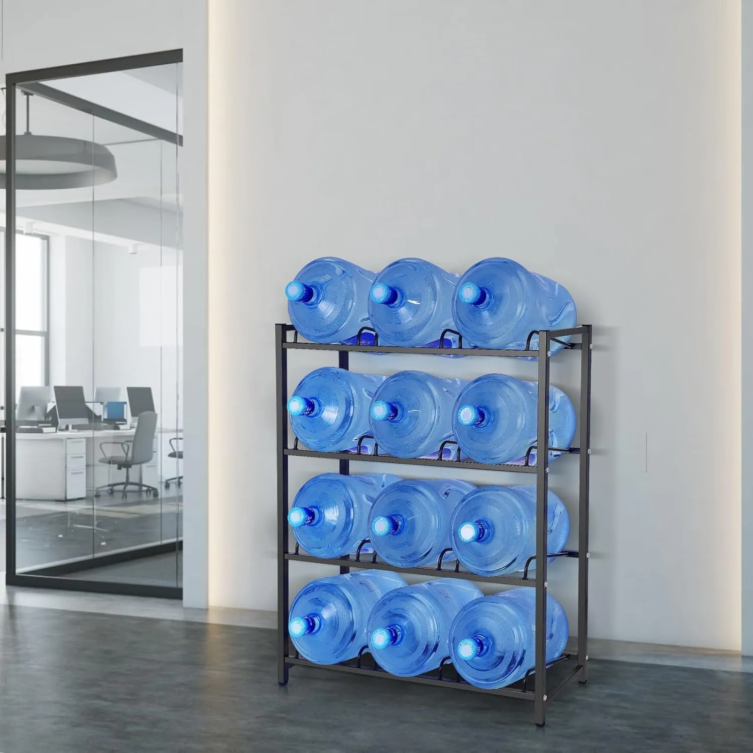 5 Gallon Water Jug Holder for 12 Bottles Without Wobbling, New Upgraded Heavy Duty 4 Tier Thicken Water Bottle Storage Rack for Home, Office, Kitchen, Warehouse, Garages Black
