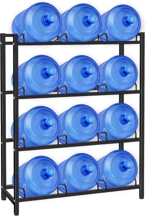 5 Gallon Water Jug Holder for 12 Bottles Without Wobbling, New Upgraded Heavy Duty 4 Tier Thicken Water Bottle Storage Rack for Home, Office, Kitchen, Warehouse, Garages Black