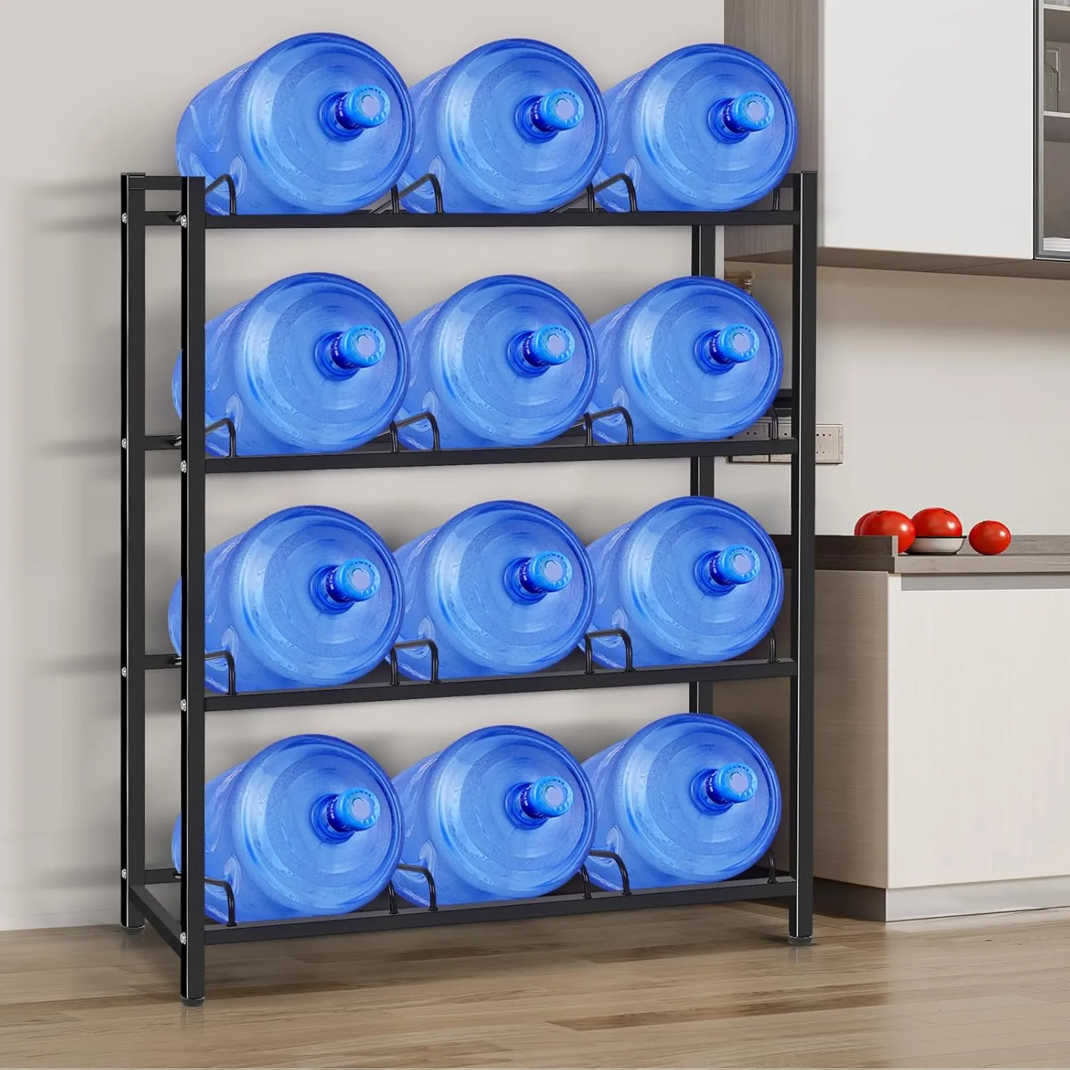 5 Gallon Water Jug Holder for 12 Bottles Without Wobbling, New Upgraded Heavy Duty 4 Tier Thicken Water Bottle Storage Rack for Home, Office, Kitchen, Warehouse, Garages Black