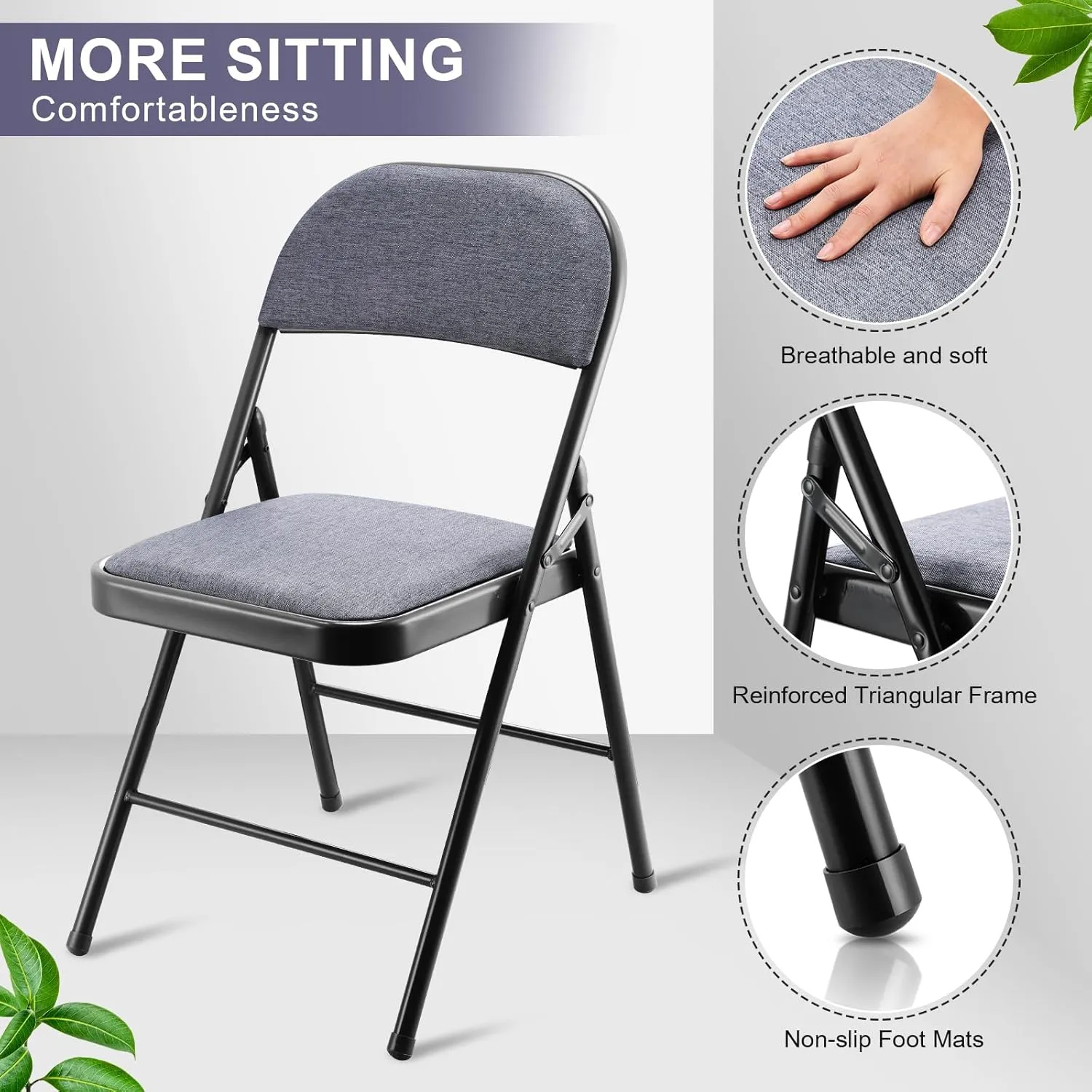 6 Pack Folding Chairs with Metal Frame and Fabric Upholstered Padded Seat Portable Folding Chair Bulk Stackable Non Slip Folding Chairs for Office Wedding Party Supplies (Black,Gray)