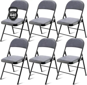 6 Pack Folding Chairs with Metal Frame and Fabric Upholstered Padded Seat Portable Folding Chair Bulk Stackable Non Slip Folding Chairs for Office Wedding Party Supplies (Black,Gray)