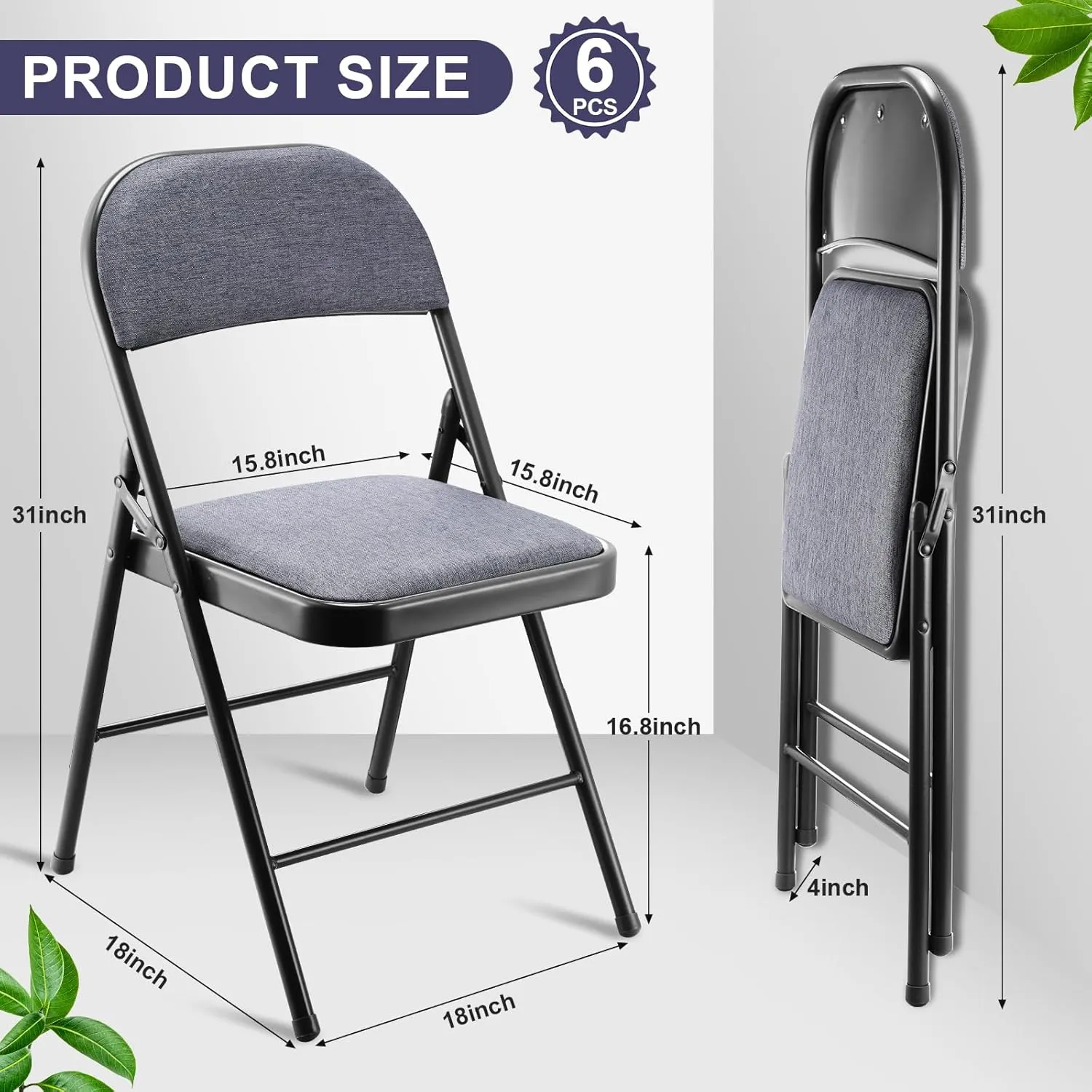 6 Pack Folding Chairs with Metal Frame and Fabric Upholstered Padded Seat Portable Folding Chair Bulk Stackable Non Slip Folding Chairs for Office Wedding Party Supplies (Black,Gray)