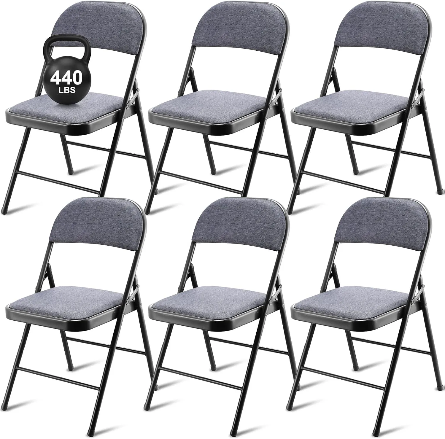 6 Pack Folding Chairs with Metal Frame and Fabric Upholstered Padded Seat Portable Folding Chair Bulk Stackable Non Slip Folding Chairs for Office Wedding Party Supplies (Black,Gray)