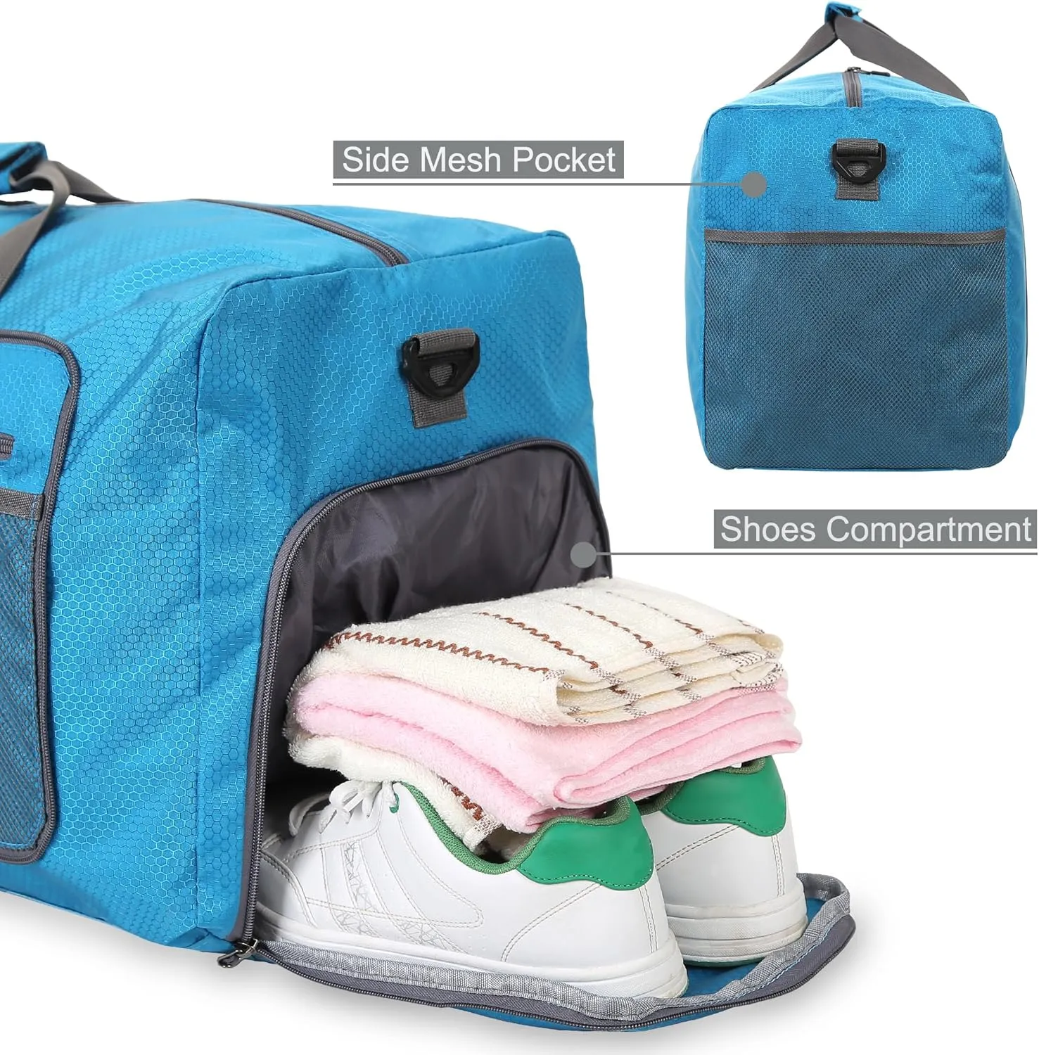 60L Duffle Bag 25 Inch Large Travel Bag Lightweight Foldable Weekend Duffel with Shoe Compartment Shoulder Strap for Men Women (Blue)