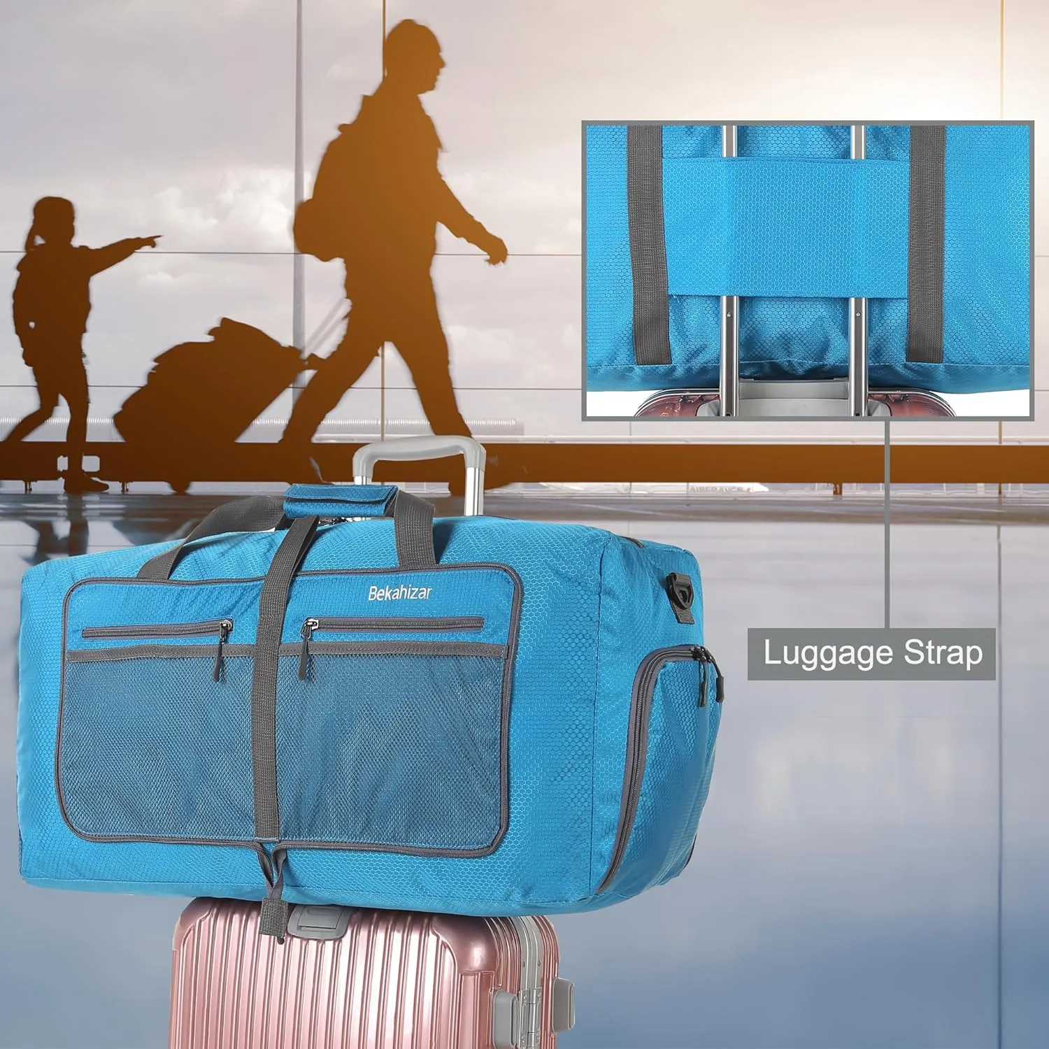 60L Duffle Bag 25 Inch Large Travel Bag Lightweight Foldable Weekend Duffel with Shoe Compartment Shoulder Strap for Men Women (Blue)