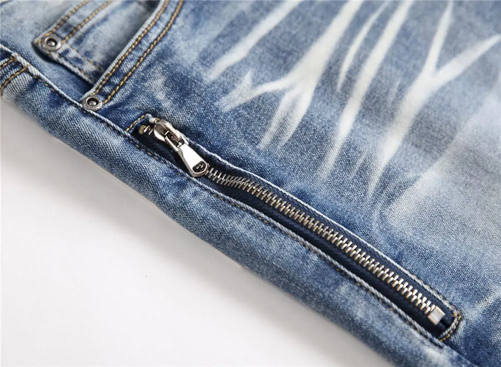 AITITIA Men's Biker Zipper Deco Washed Straight Fit Jeans