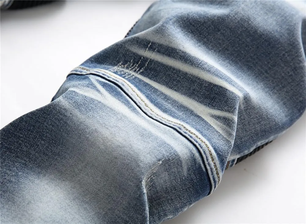 AITITIA Men's Biker Zipper Deco Washed Straight Fit Jeans