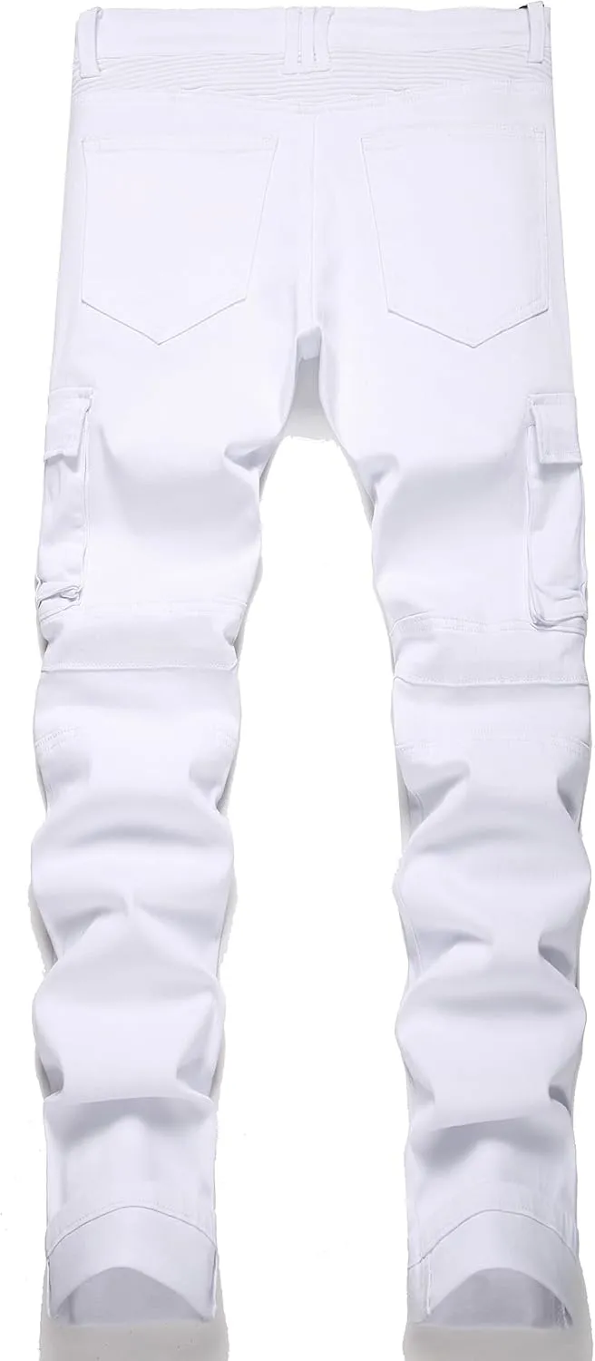 AITITIA Men's Biker Zipper Deco Washed Straight Fit Jeans