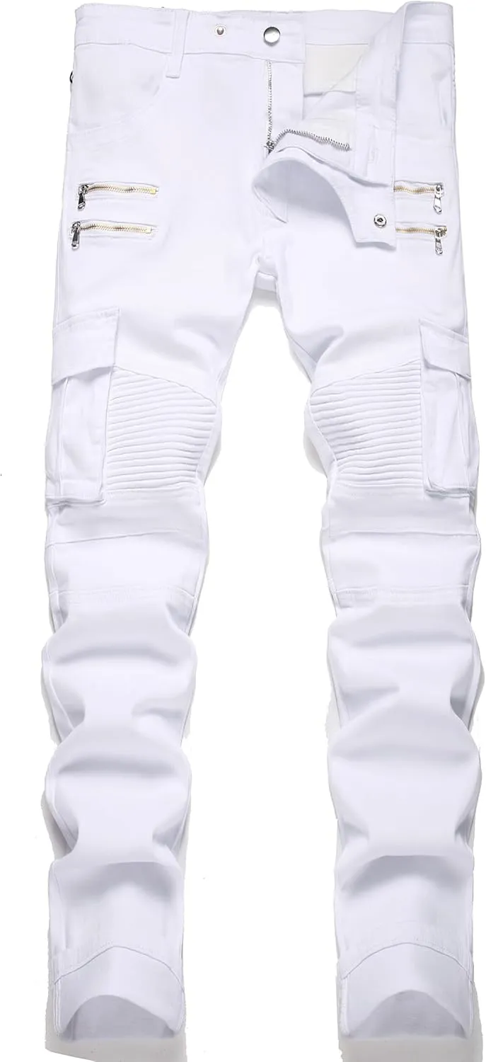 AITITIA Men's Biker Zipper Deco Washed Straight Fit Jeans