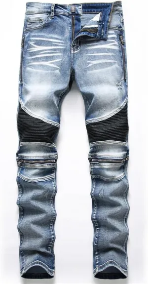 AITITIA Men's Biker Zipper Deco Washed Straight Fit Jeans