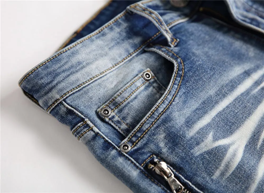AITITIA Men's Biker Zipper Deco Washed Straight Fit Jeans