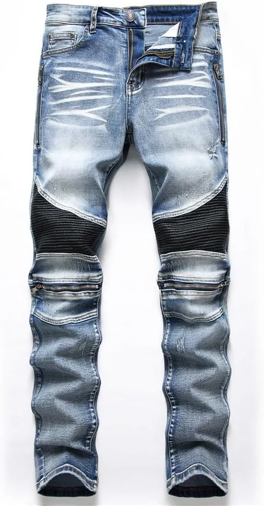 AITITIA Men's Biker Zipper Deco Washed Straight Fit Jeans