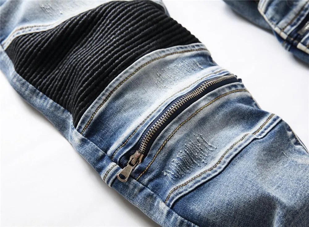 AITITIA Men's Biker Zipper Deco Washed Straight Fit Jeans