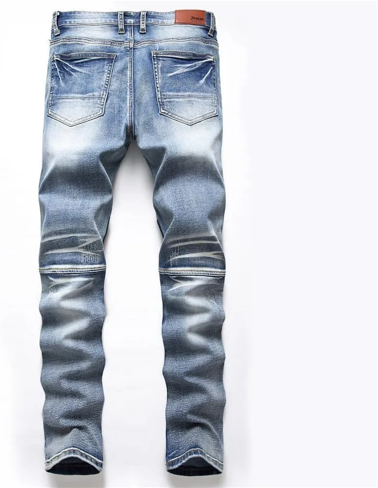 AITITIA Men's Biker Zipper Deco Washed Straight Fit Jeans