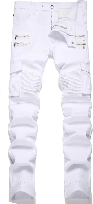 AITITIA Men's Biker Zipper Deco Washed Straight Fit Jeans