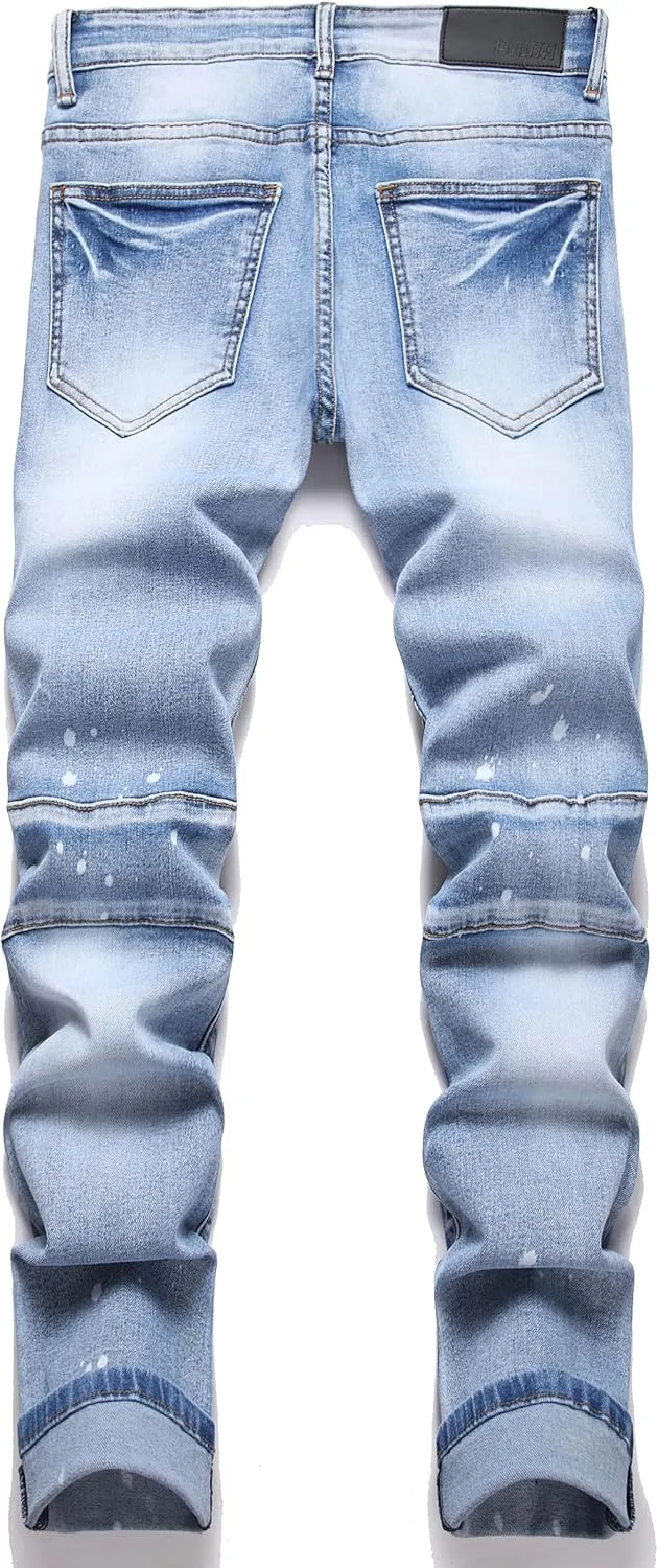 AITITIA Men's Biker Zipper Deco Washed Straight Fit Jeans
