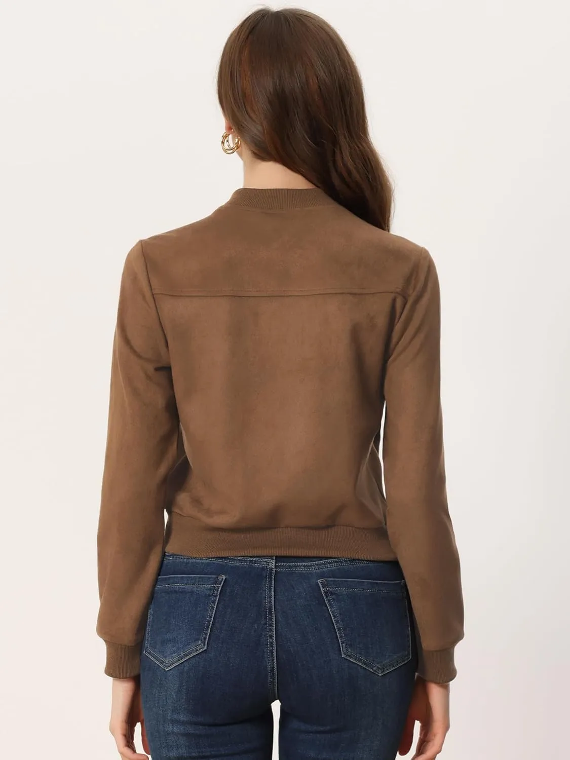 Allegra K Faux Suede Cropped Coat for Women's Stand Collar Zip Up Biker Moto Bomber Jackets