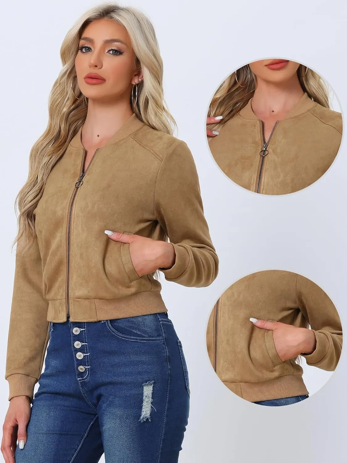 Allegra K Faux Suede Cropped Coat for Women's Stand Collar Zip Up Biker Moto Bomber Jackets