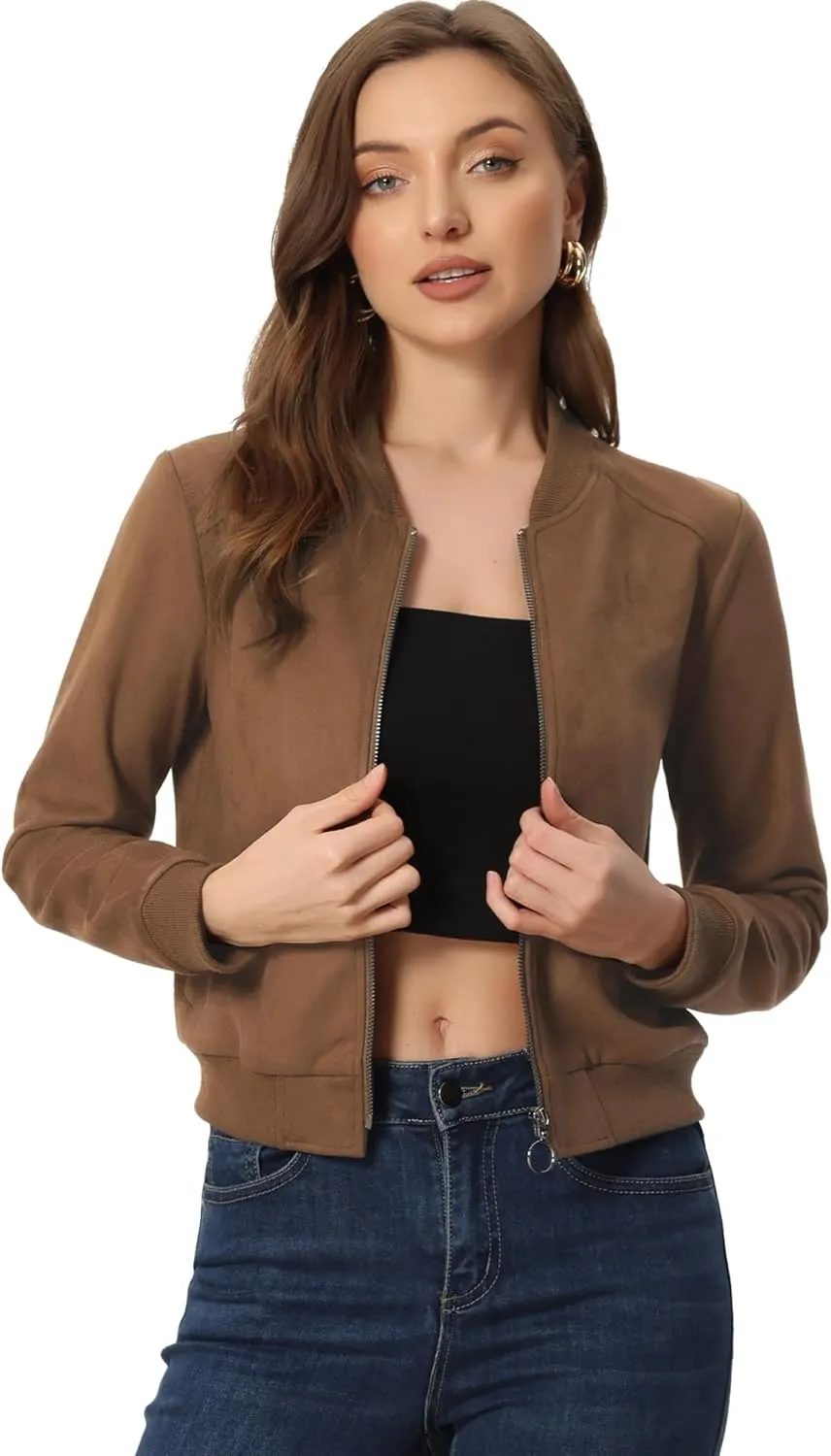 Allegra K Faux Suede Cropped Coat for Women's Stand Collar Zip Up Biker Moto Bomber Jackets