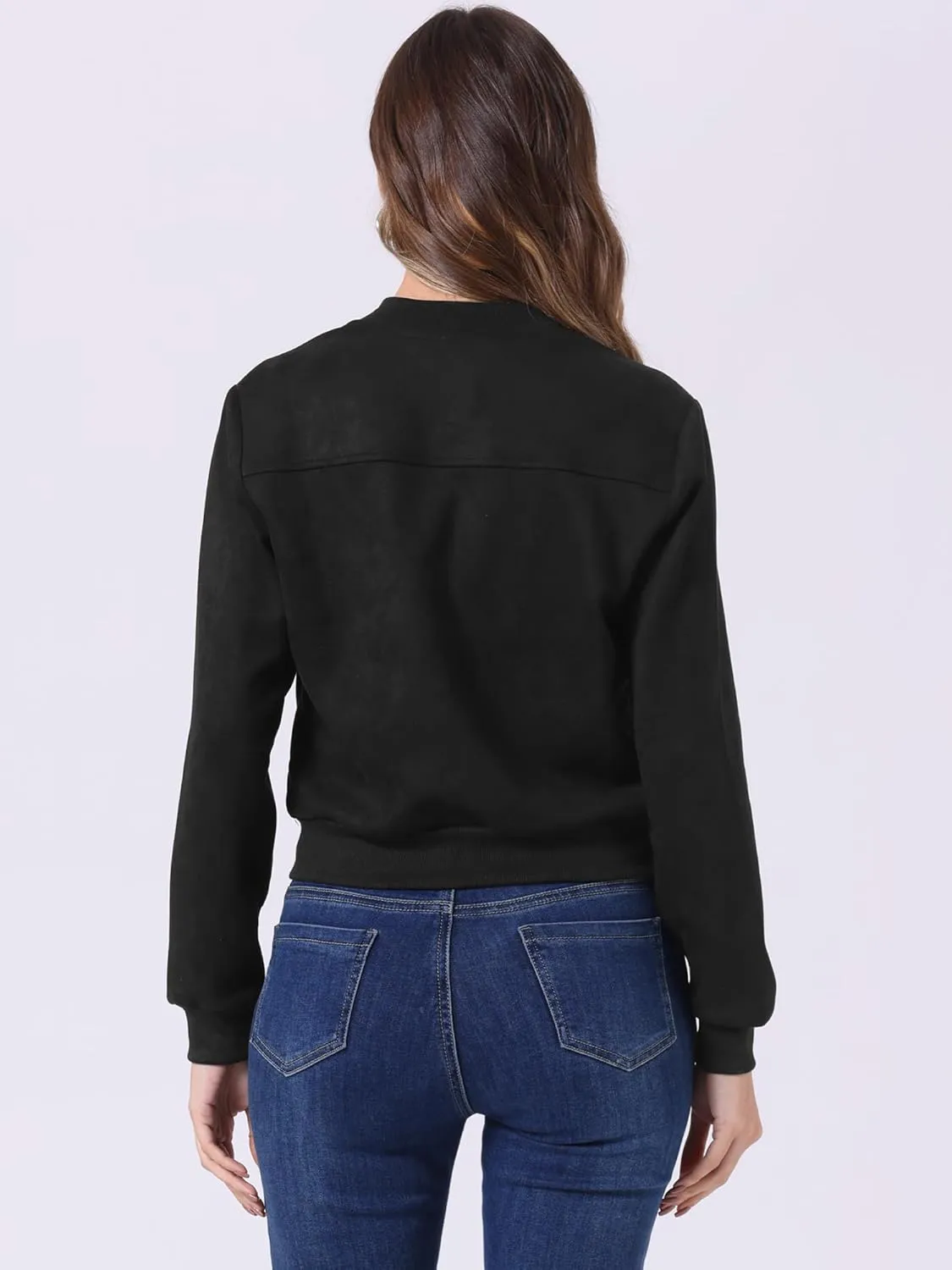 Allegra K Faux Suede Cropped Coat for Women's Stand Collar Zip Up Biker Moto Bomber Jackets