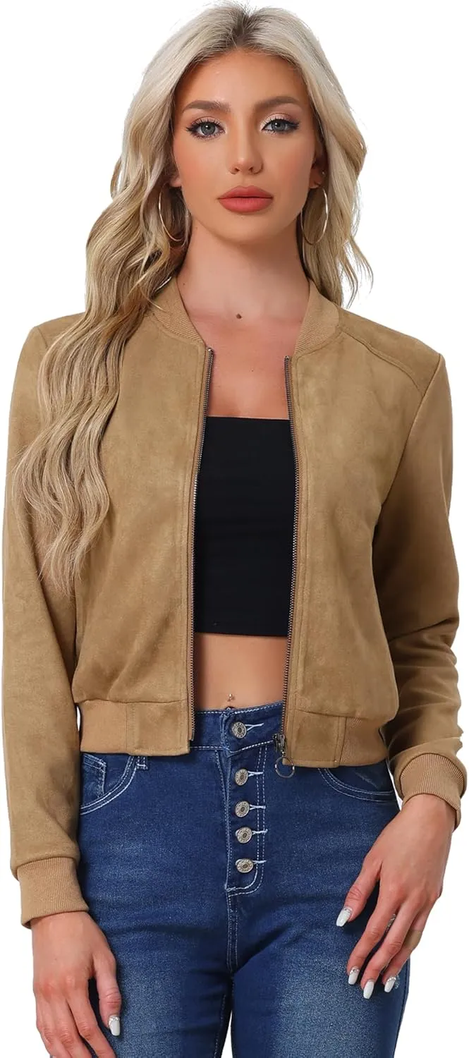 Allegra K Faux Suede Cropped Coat for Women's Stand Collar Zip Up Biker Moto Bomber Jackets