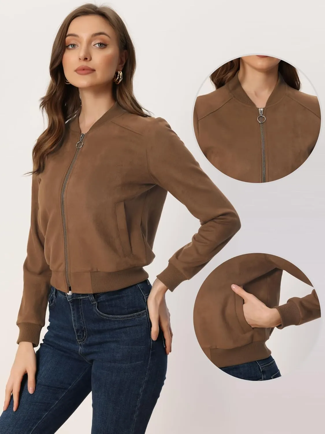 Allegra K Faux Suede Cropped Coat for Women's Stand Collar Zip Up Biker Moto Bomber Jackets