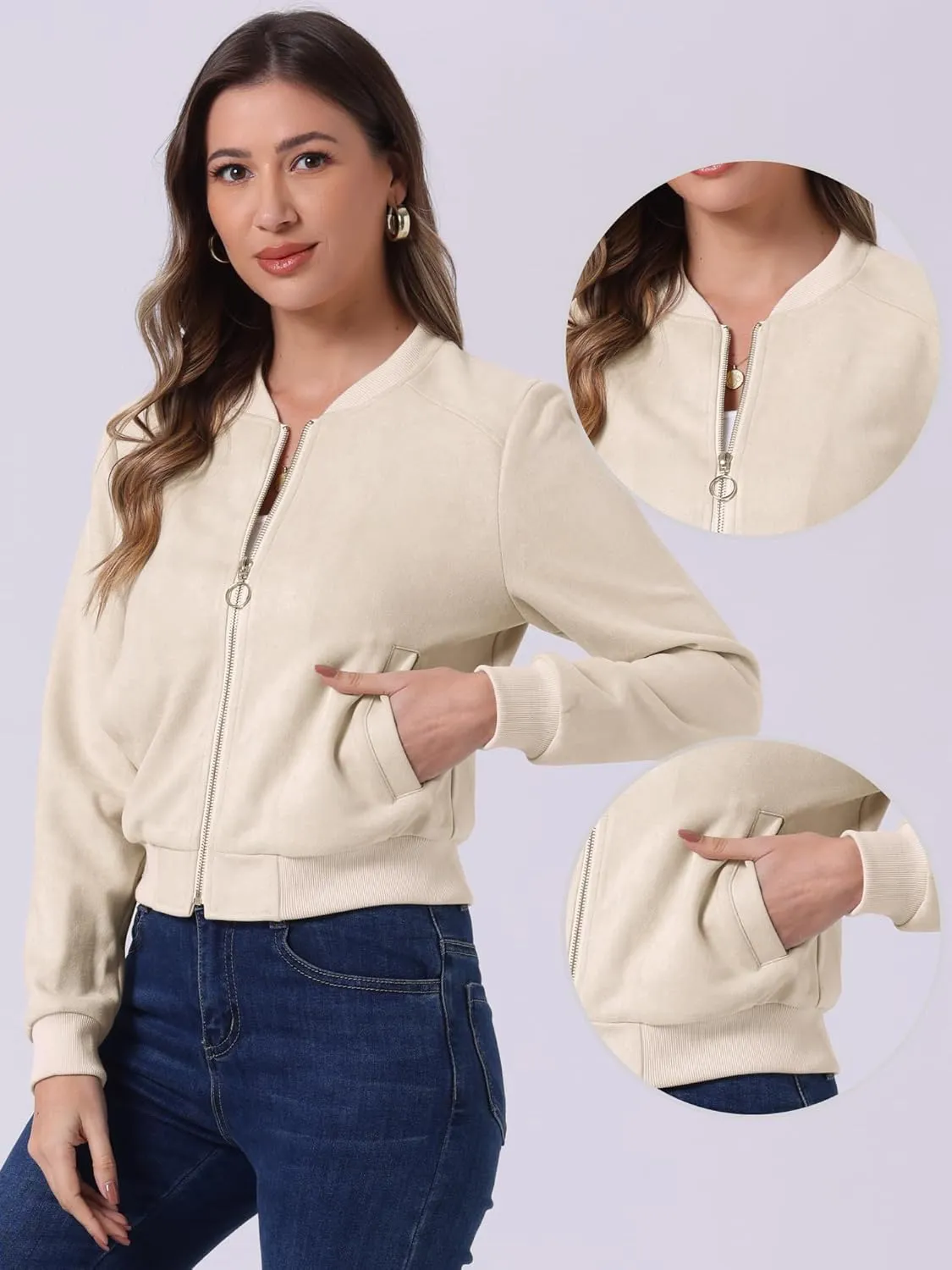 Allegra K Faux Suede Cropped Coat for Women's Stand Collar Zip Up Biker Moto Bomber Jackets