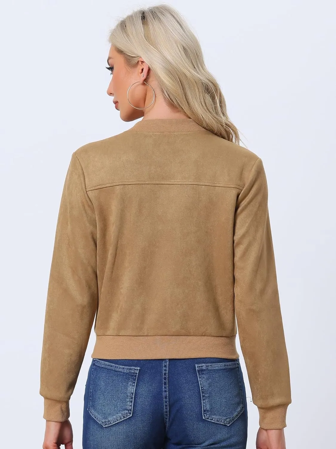 Allegra K Faux Suede Cropped Coat for Women's Stand Collar Zip Up Biker Moto Bomber Jackets