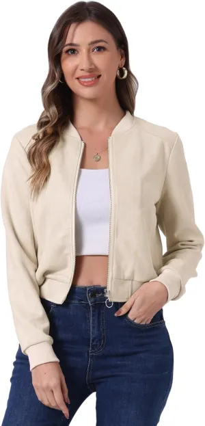 Allegra K Faux Suede Cropped Coat for Women's Stand Collar Zip Up Biker Moto Bomber Jackets