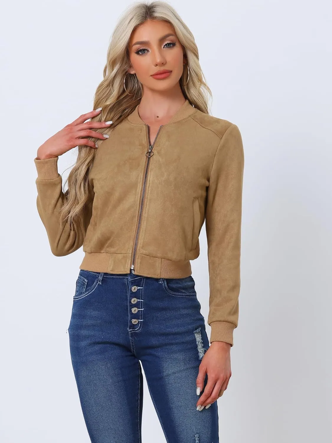 Allegra K Faux Suede Cropped Coat for Women's Stand Collar Zip Up Biker Moto Bomber Jackets