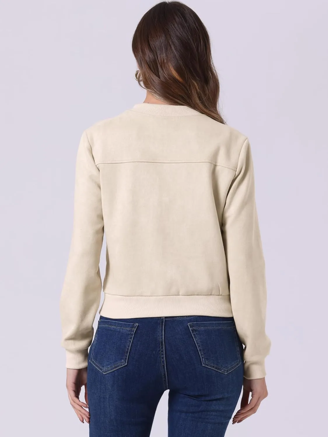 Allegra K Faux Suede Cropped Coat for Women's Stand Collar Zip Up Biker Moto Bomber Jackets