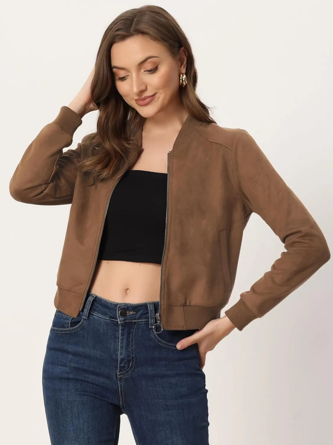 Allegra K Faux Suede Cropped Coat for Women's Stand Collar Zip Up Biker Moto Bomber Jackets