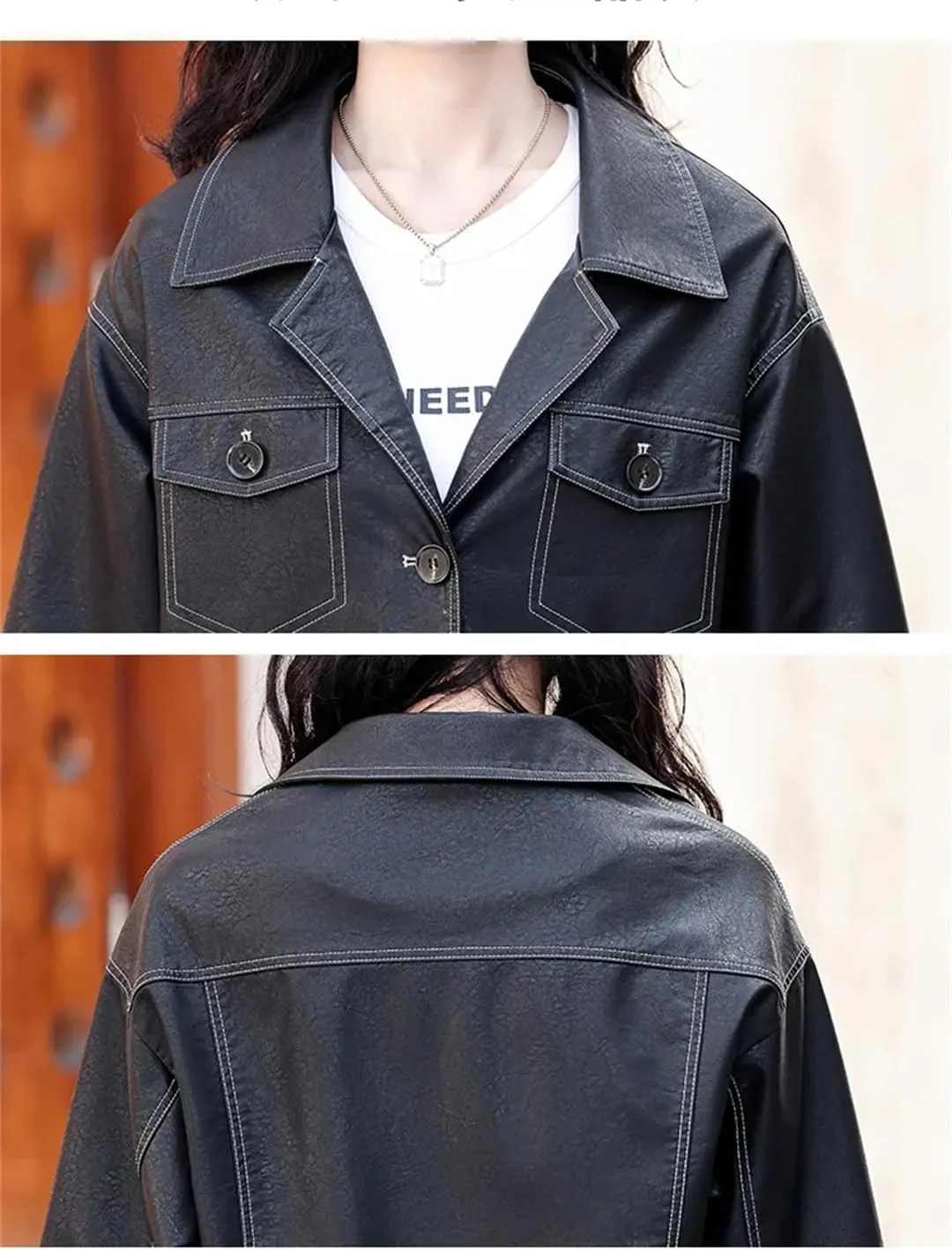 Alloaone Women Real Leather Jacket Lapel Sheepskin Aviator Jacket Blue Moto Biker Zipper Jacket