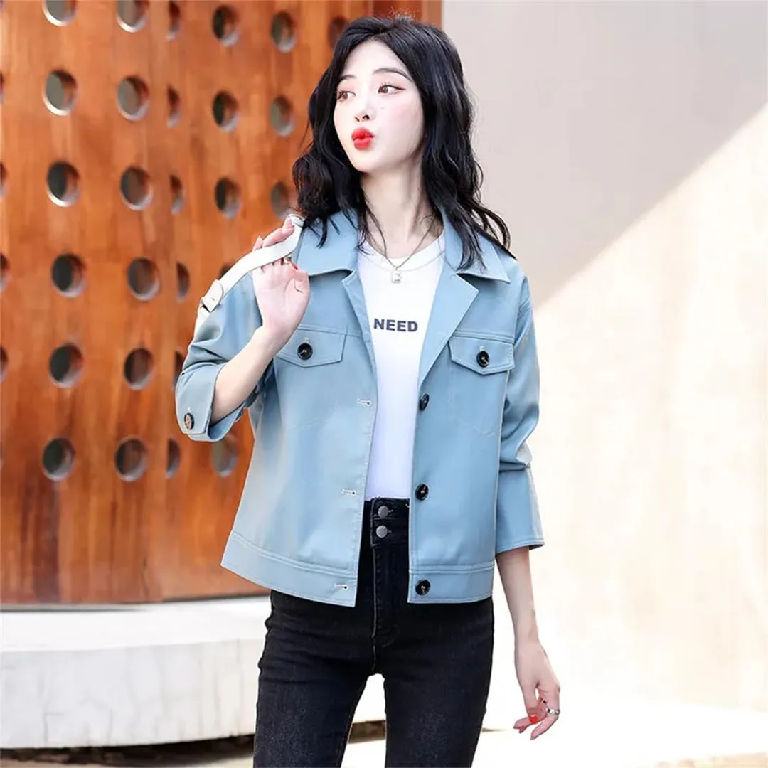 Alloaone Women Real Leather Jacket Lapel Sheepskin Aviator Jacket Blue Moto Biker Zipper Jacket
