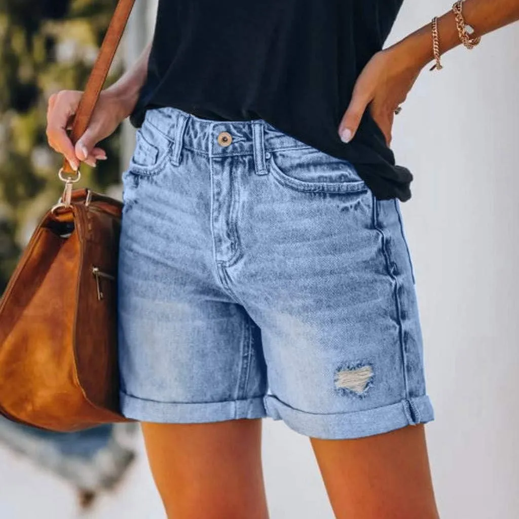 AMDBEL Womens Jeans Shorts High Waisted Stretchy Bermuda Denim Shorts Casual Comfy Ripped Beach Jean Shorts with Pockets