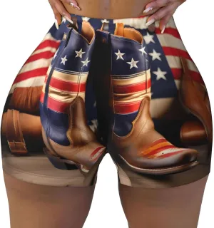 American Flag with Cowboy Boots Print Elastic Summer Comfy Short Exercise Contour Yoga Biker Shorts Seamless High-Waisted