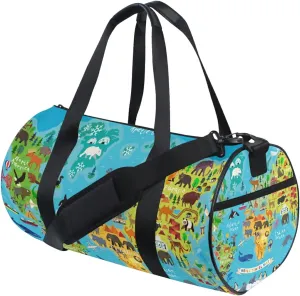 Animal Map Of The World for Children Kids Travel Bag Weekender Gym Duffel Bag Sports Camp Dance Workout Shoulder Bags Canvas for Men Women Overnight Compartments Ballet Bag