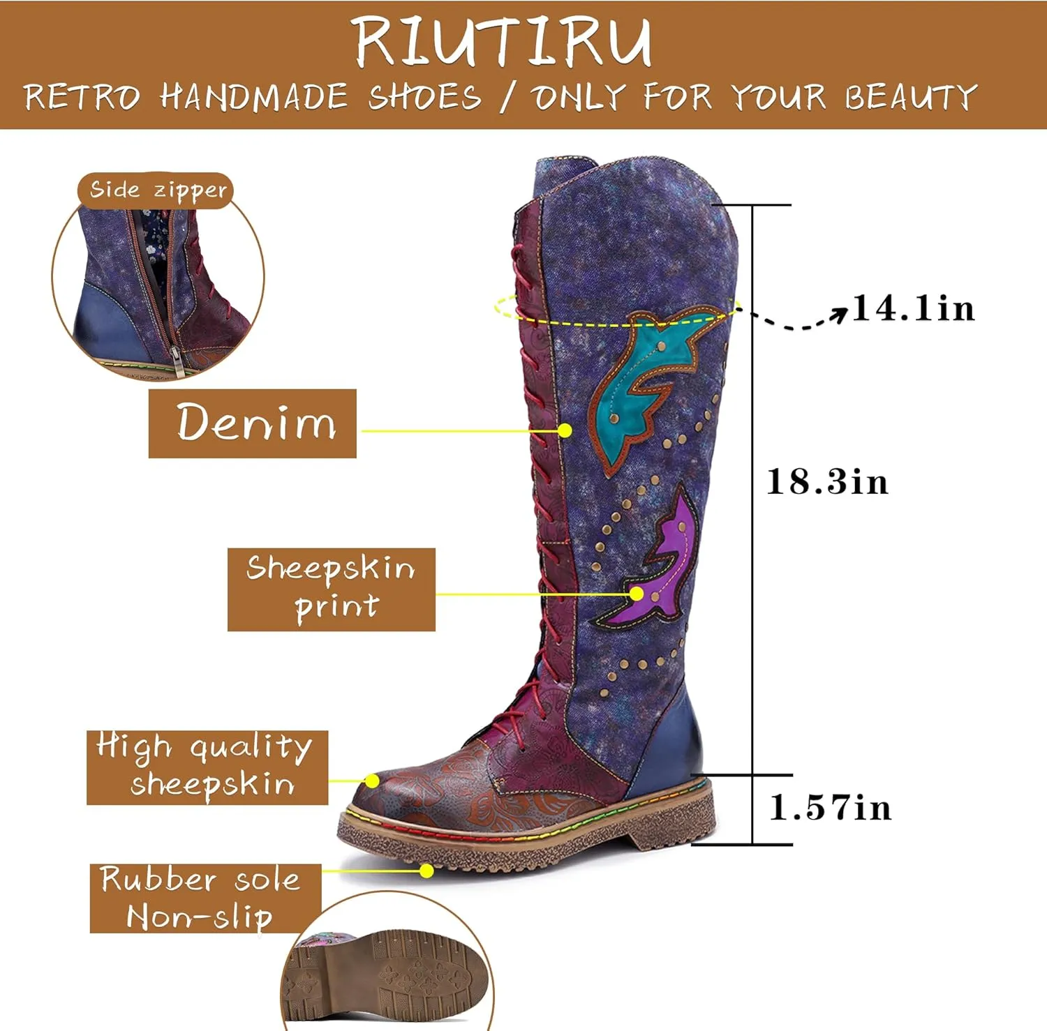 Artisan Handmade Women's Cowboy and Knight Boots - High Heels and Flat Bottoms Genuine Sheepskin, Ethnic and Vintage Style for Ladies and Girls