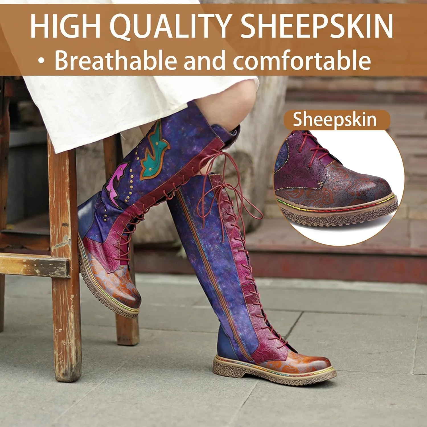 Artisan Handmade Women's Cowboy and Knight Boots - High Heels and Flat Bottoms Genuine Sheepskin, Ethnic and Vintage Style for Ladies and Girls