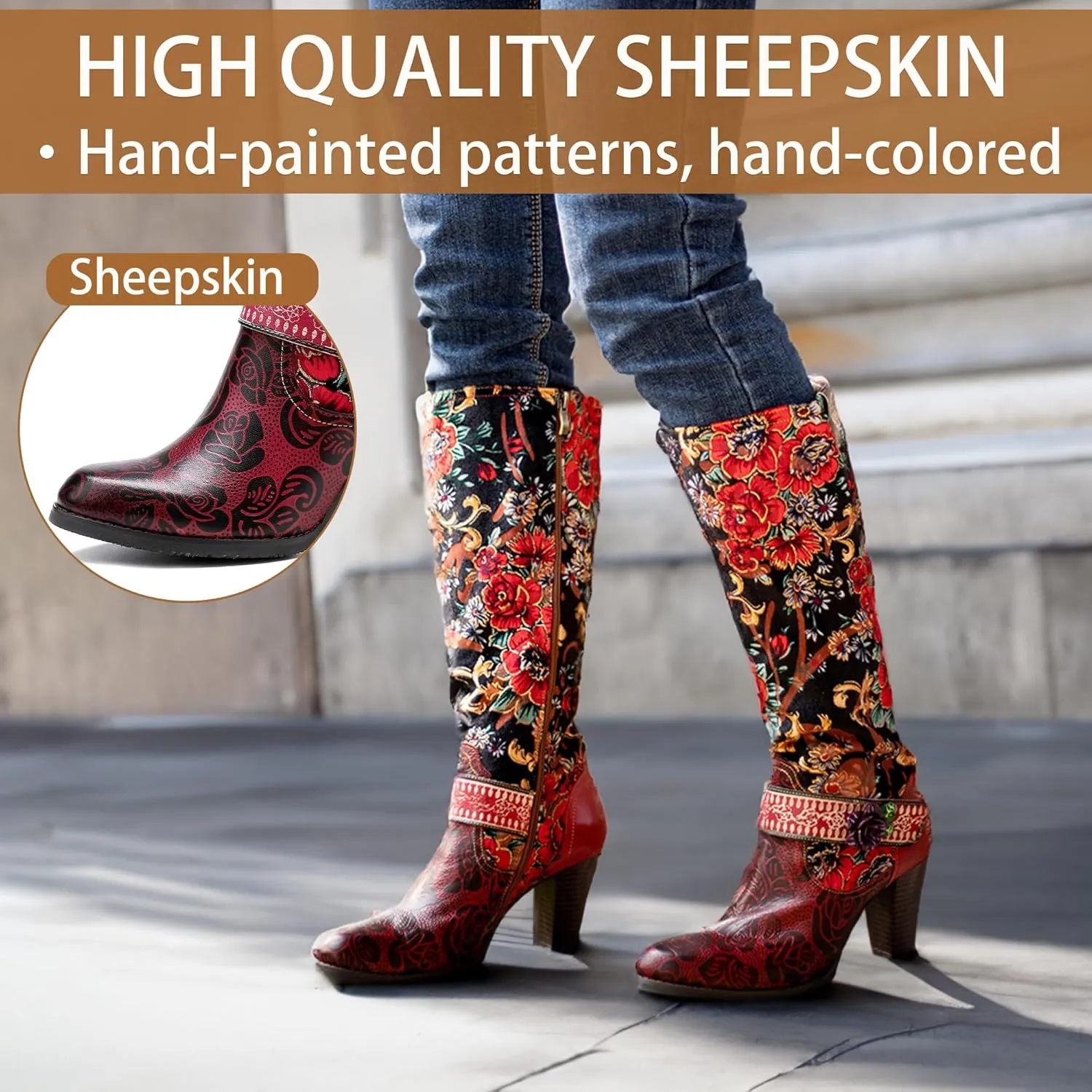 Artisan Handmade Women's Cowboy and Knight Boots - High Heels and Flat Bottoms Genuine Sheepskin, Ethnic and Vintage Style for Ladies and Girls