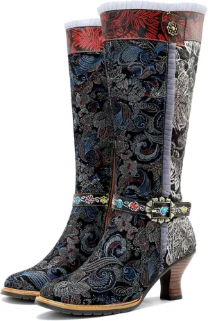 Artisan Handmade Women's Cowboy and Knight Boots - High Heels and Flat Bottoms Genuine Sheepskin, Ethnic and Vintage Style for Ladies and Girls