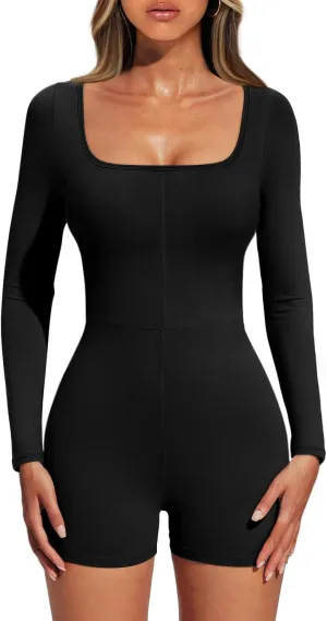 AUTOMET Womens Sexy Jumpsuits Athletic One Piece Shorts Bodysuit Rompers Long Sleeve Bodycon Tummy Control Workout Unitard Summer Fall Outfits 2023 Trendy Black