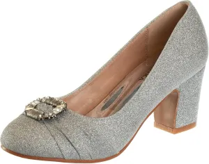 Badgley Mischka Closed Toe Heels for Kids Girls - Block Heel Dress Shoe Pumps with Crystal Frame (Sizes 13-6 Little Kid-Big Kid)