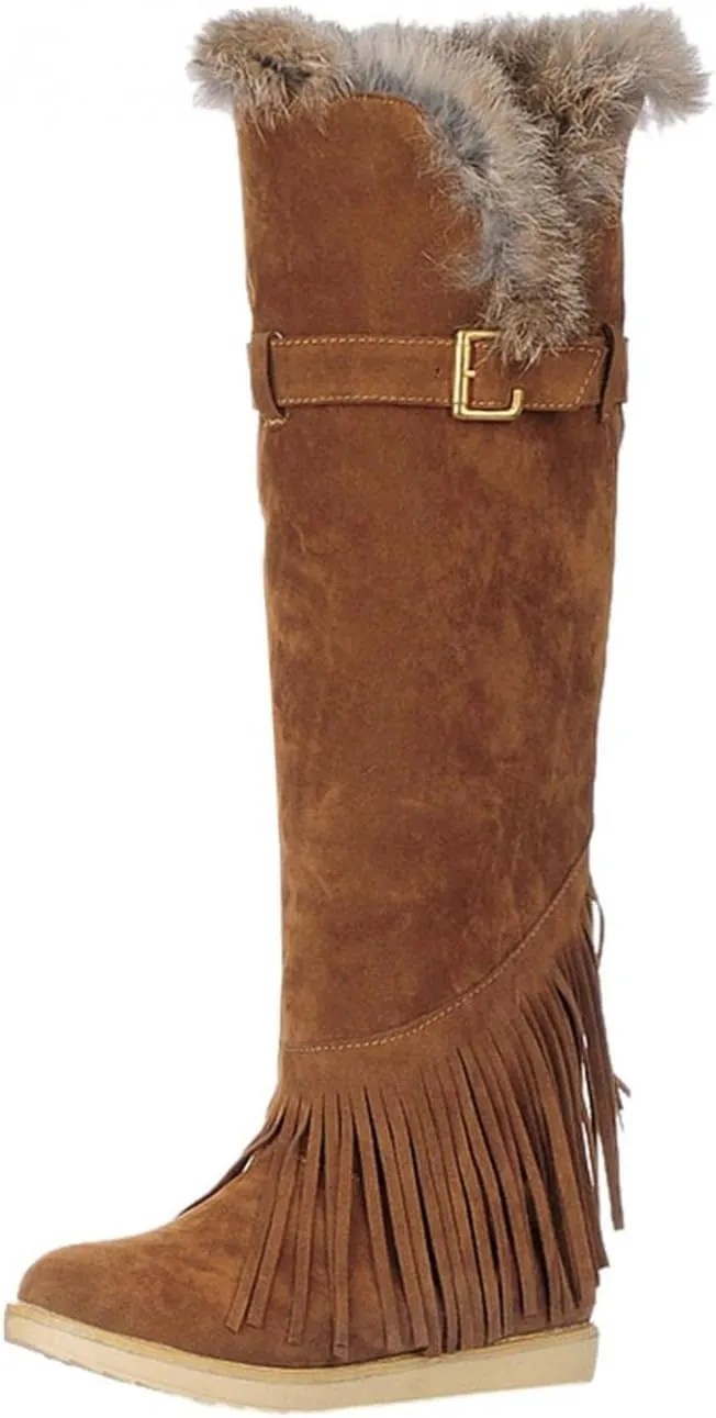 Bcshiye Women's Knee High Riding Boots,Low Heel Slouchy Warm Fur Combat Boots Mid Calf Booties Round Toe Snow Boots