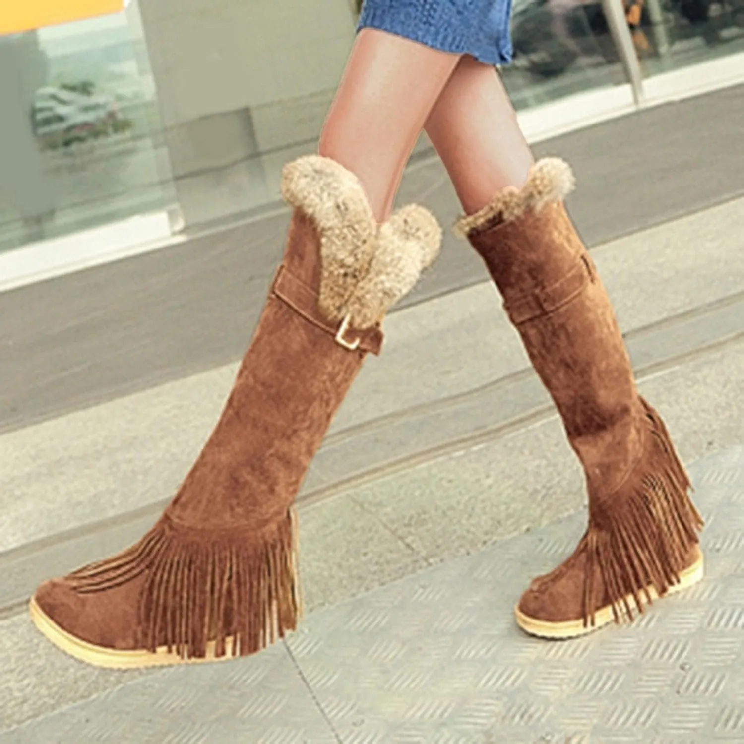 Bcshiye Women's Knee High Riding Boots,Low Heel Slouchy Warm Fur Combat Boots Mid Calf Booties Round Toe Snow Boots